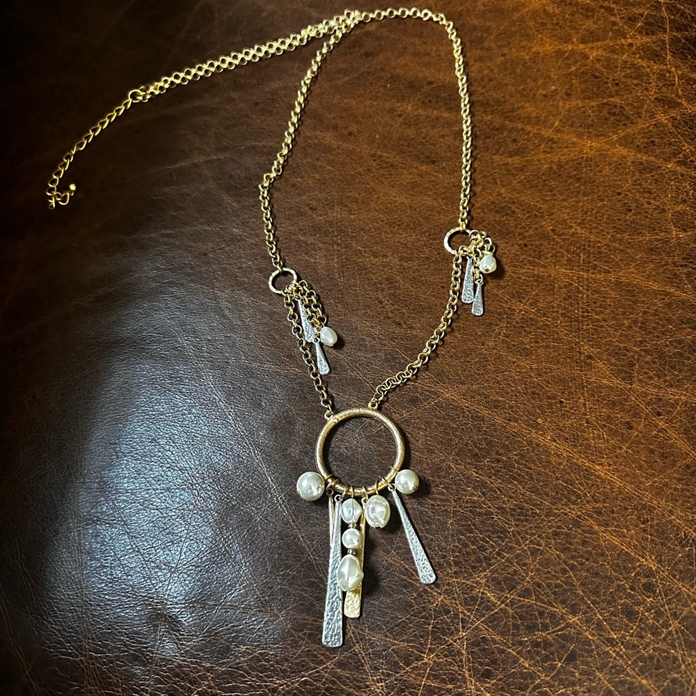 Gold and Silver with pearl accents long chain Charm Necklace